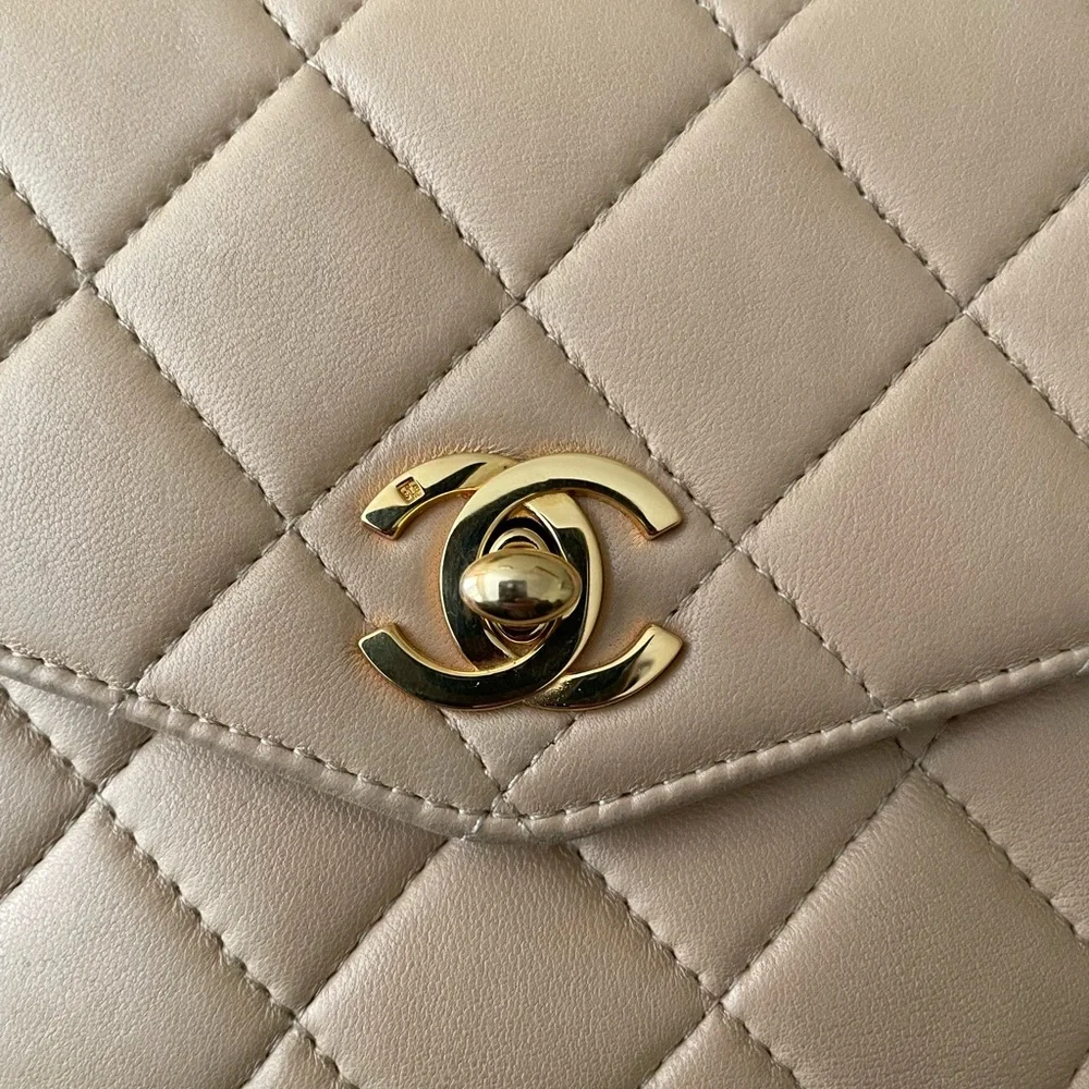 Vintage Chanel Mini Kelly Flap Bag Beige Lambskin Leather Top Handle - Picture 3 of 11